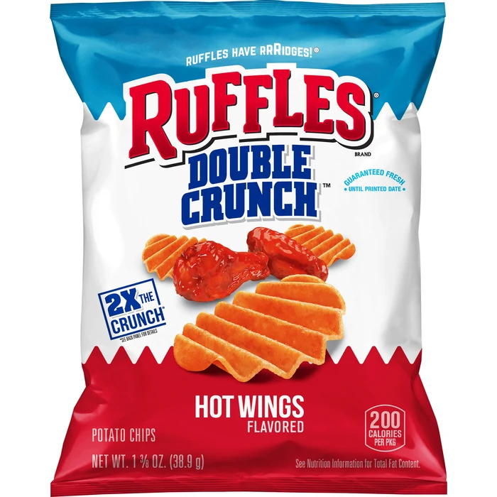 Ruffles Double Crunch Hot Wings flavored potato chips, single-serve bag