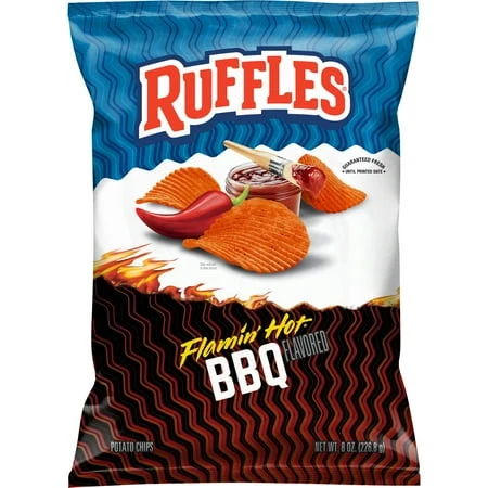 Ruffles Flamin' Hot BBQ flavored potato chips bag featuring Jayson Tatum