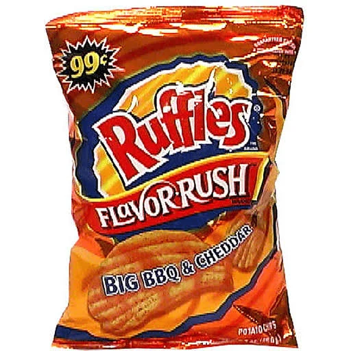 Ruffles Flavor Rush Big BBQ & Cheddar flavored potato chips bag, original packaging