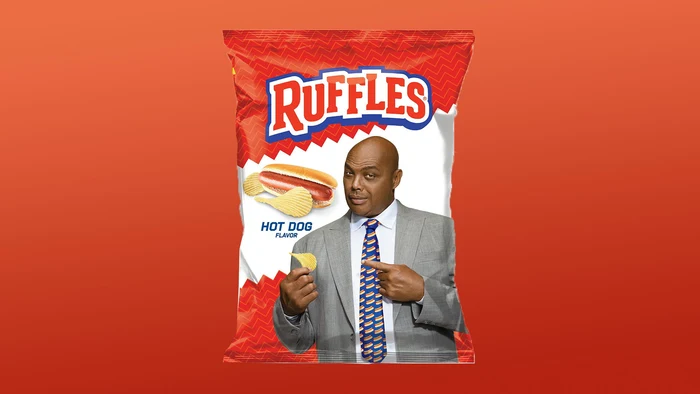 Ruffles Hot Dog flavor potato chips bag featuring Charles Barkley