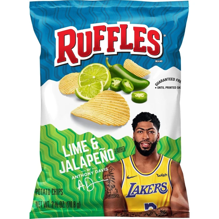 Ruffles Lime & Jalapeño flavored potato chips bag featuring Anthony Davis
