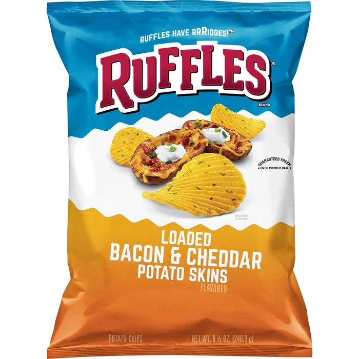 Ruffles Loaded Bacon & Cheddar Potato Skins flavored potato chips bag