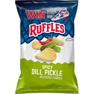 Ruffles Spicy Dill Pickle flavored potato chips bag