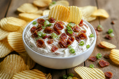 Cold bacon ranch dip in a white bowl surrounded by ridged potato chips