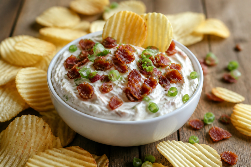 Cold bacon ranch dip in a white bowl surrounded by ridged potato chips
