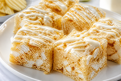 Crispy marshmallow treat bars made with RUFFLES potato chips, drizzled with white chocolate