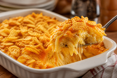 A cheesy hashbrown casserole topped with a crushed RUFFLES potato chip crust, with a scoop being served