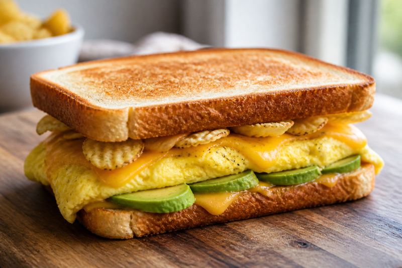 Folded cheese omelet sandwich with avocado and crushed RUFFLES potato chips between two slices of toast