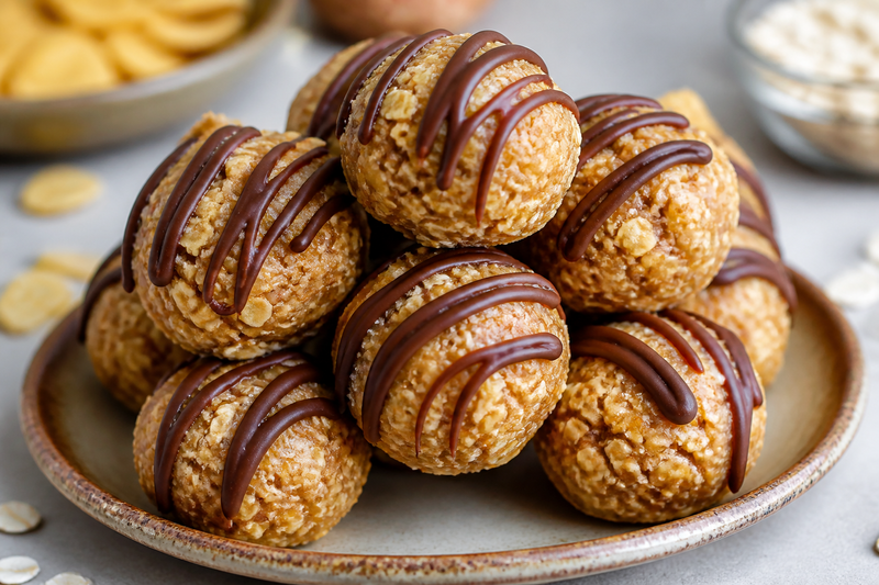 Round no-bake energy bites made with crushed RUFFLES potato chips, oats and peanut butter, drizzled with chocolate
