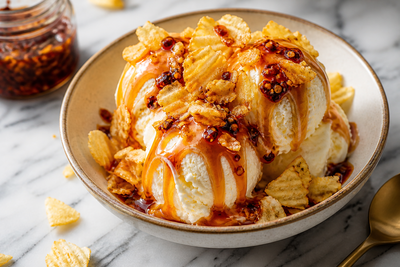 A bowl of vanilla ice cream topped with caramel sauce, chili crisp and crushed RUFFLES potato chips