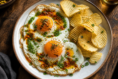 Two fried eggs drizzled with basil pesto and chili oil, served with a side of RUFFLES Original potato chips